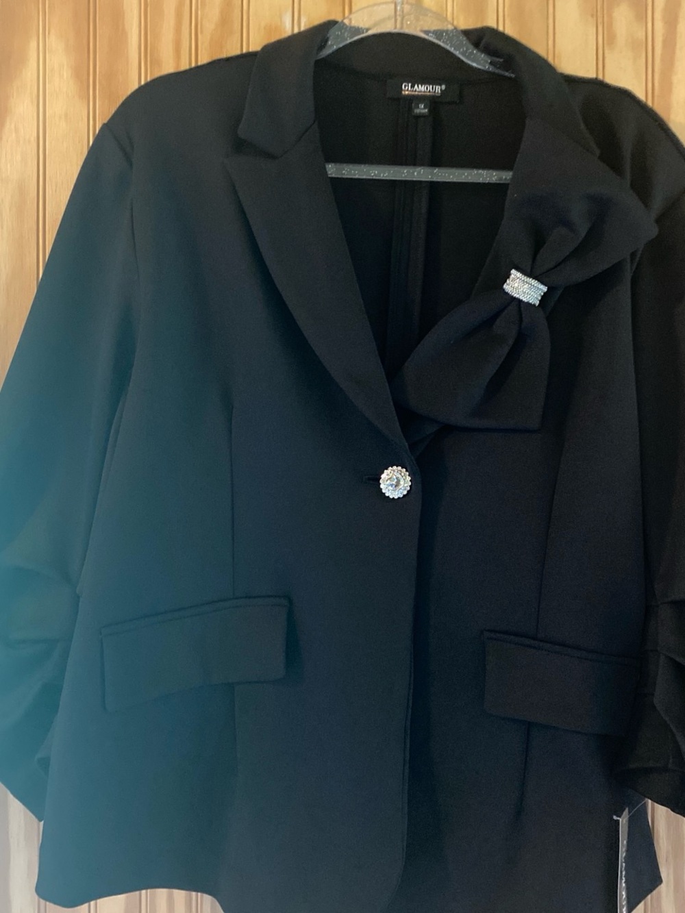 Glamour Black Bow-Accent Blazer with Rhinestone Button